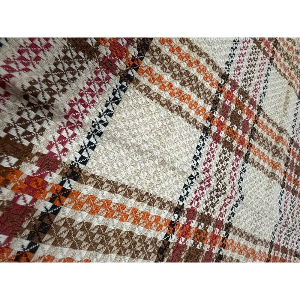 Vintage Cotton Plaid Small Table Covering Fringed Rustic Farmhouse Cabin 32 X 32